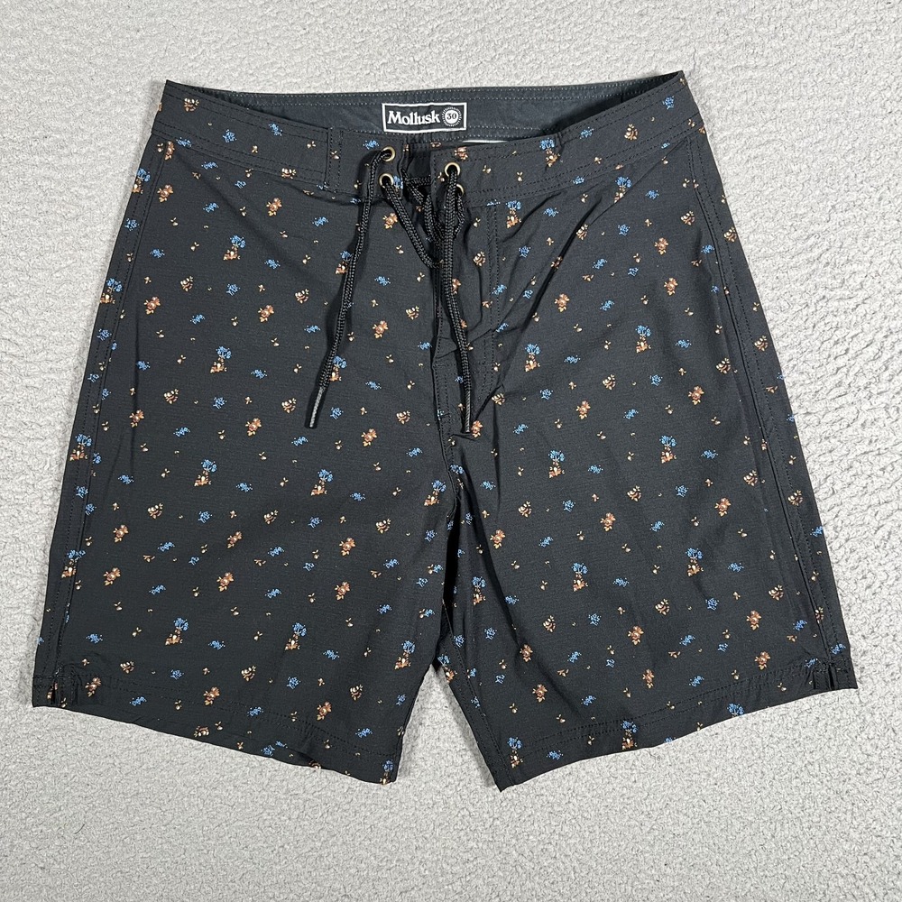 Mollusk Shorts Mens 30 Black Floral Boardshorts Surf Swim Drawstring Beach Logo‎